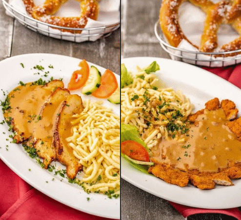 Cafe Old Vienna's Famous Noodles paired with our Pork Belly or Pork Schnitzel.
