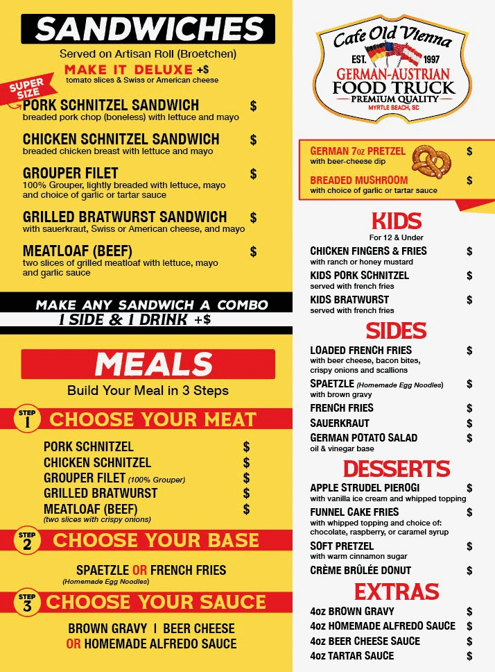 Myrtle Beach food trucks german schnitzel and pretzels menu 2026